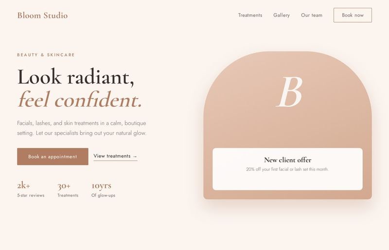 Bloom Studio sample beauty landing page